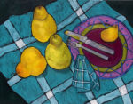 Blue Plaid with Pears, 24" x 30" by Judy Feldman