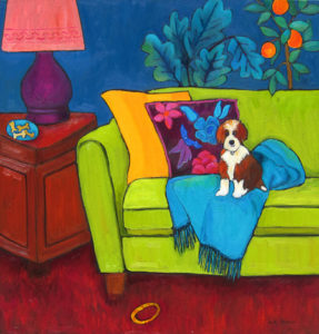 Green Couch with Maizie by Judy Feldman
