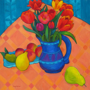 Red Tulips and Fruit, 30" x 30" by Judy Feldman
