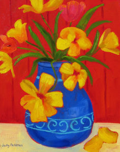 Tulips and Blue Vase, 14" x 11" by Judy Feldman